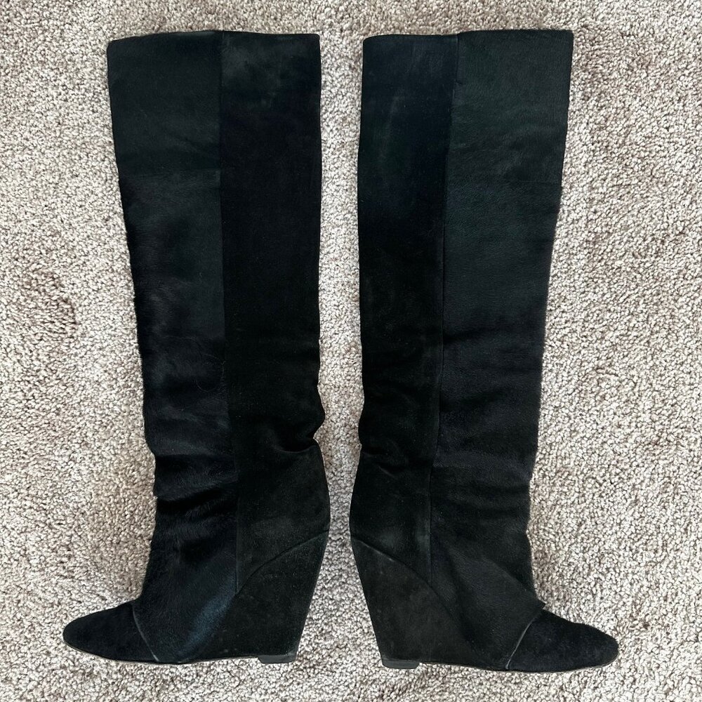 ISABEL MARANT SHEILA PONY HAIR BOOTS 5.5, BLACK, OVER THE KNEE